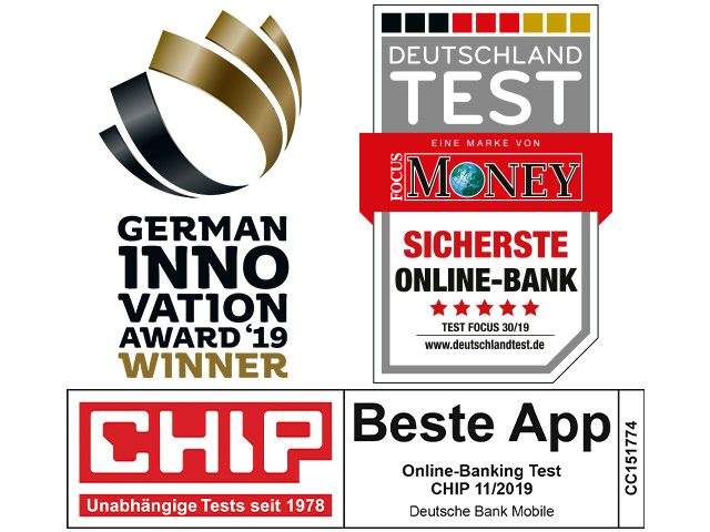 Drei Auszeichnungen:  Mobile APP Testsieger (Handelsblatt) , Sicherste Online Bank (Focus Money) und Bestes Online Angebot (CHIP)