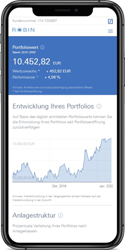 <img alt=“ROBIN im Online Banking, gezeigt wird der Portfoliowert, die Entwicklung des Portfolios und die Anlagestruktur“ />